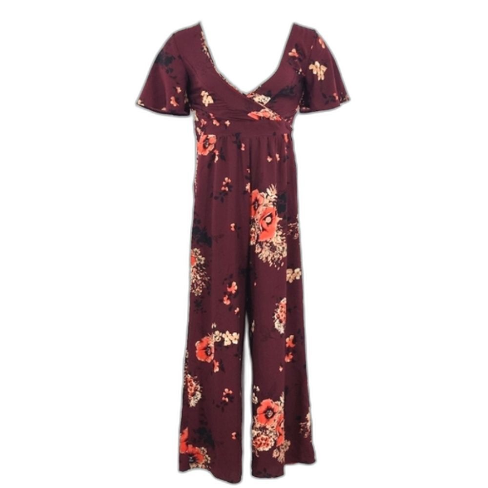 Band of Gypsies Wide Leg Jumpsuit Womens Size XS Red Pockets Dark Florals Boho